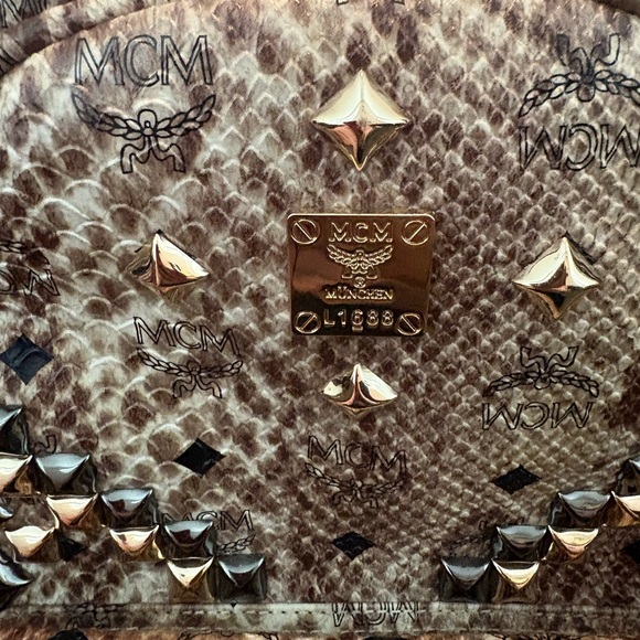 MCM Handbags - MCM Brown Snakeskin-Print Studded Backpack with Gold Hardware